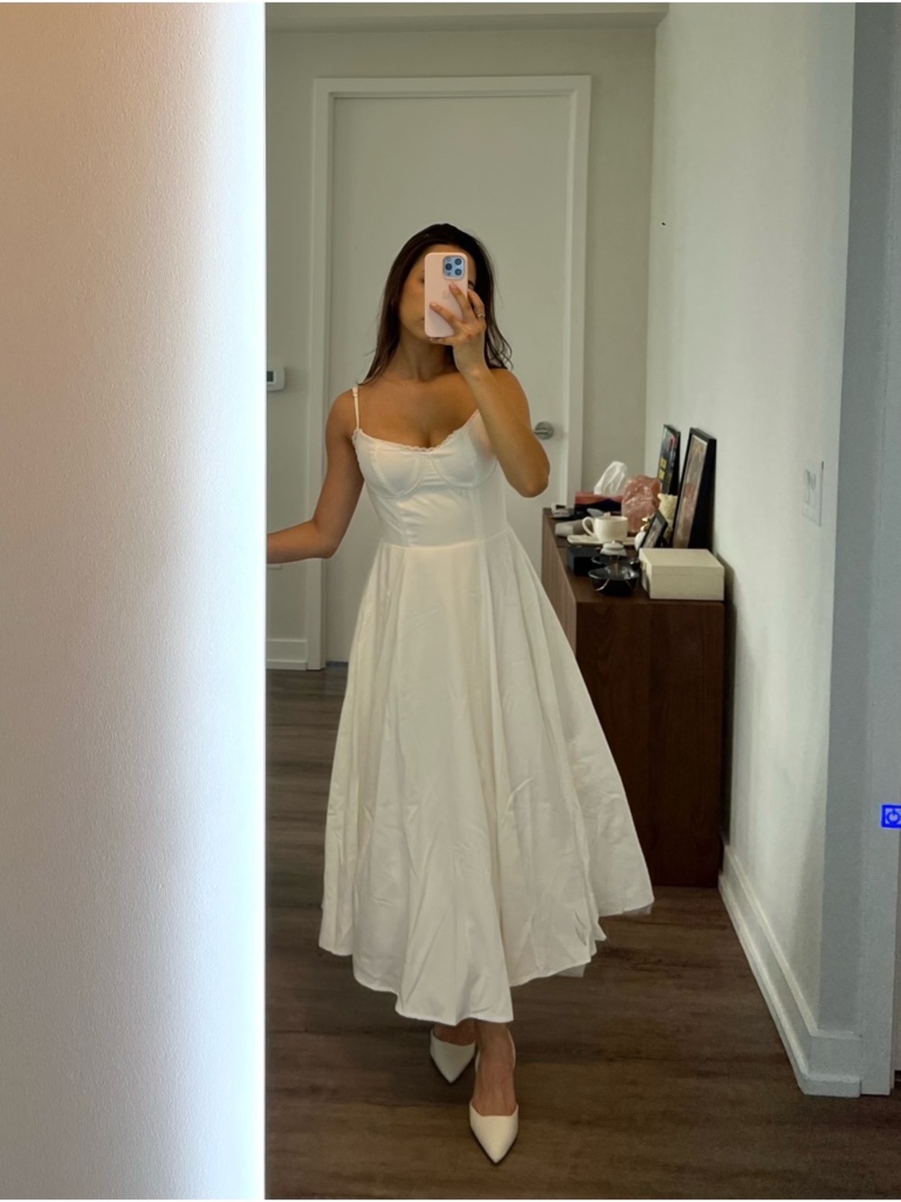 White Midi Dress with Tulle Layers and Secret Pockets - Selene by Almond Muse